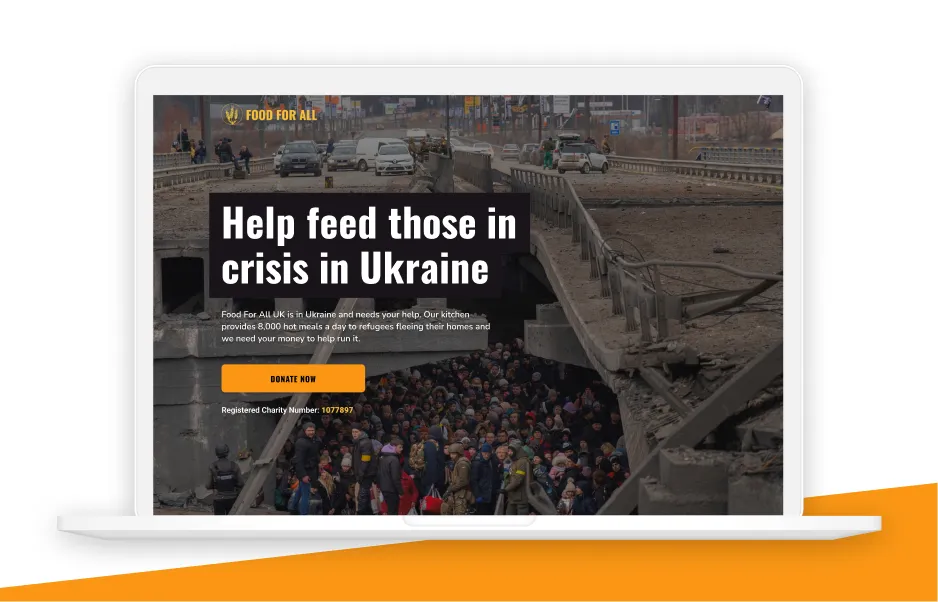 A mock up of the website Food For All Ukraine, showing a macbook against a yellow background.