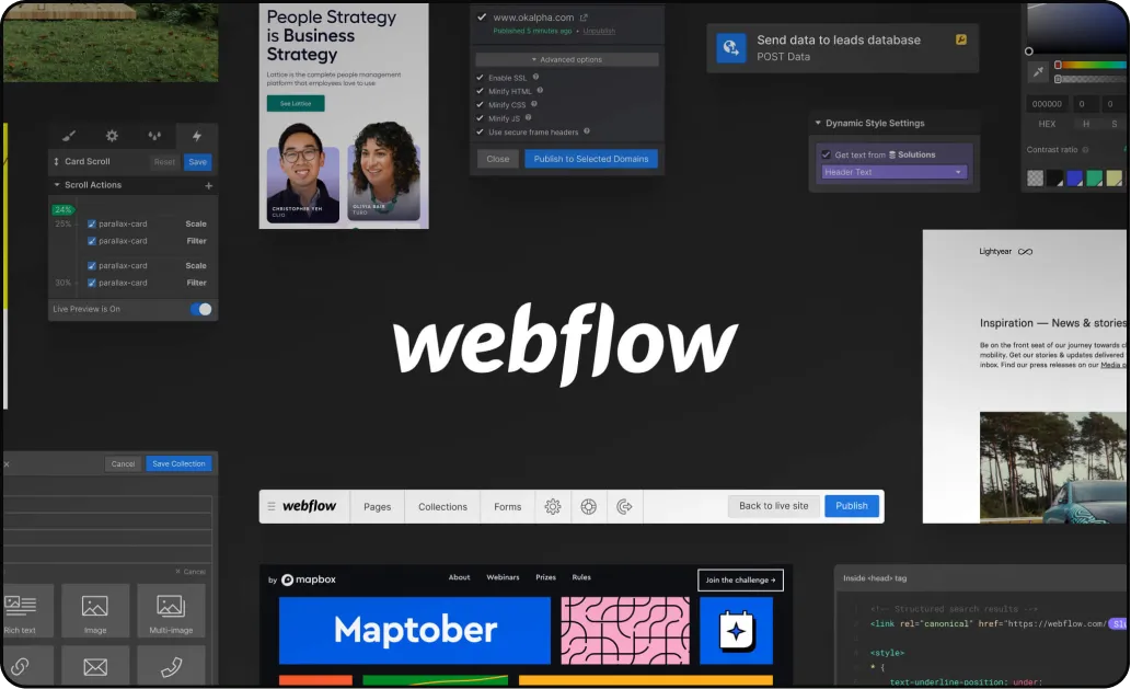 Webflow logo surrounded by UI elements