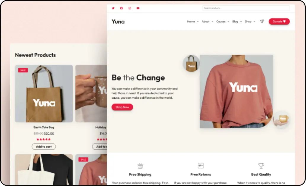 Two screenshots of Yuna, a wordpress website template for charities and NGOs.